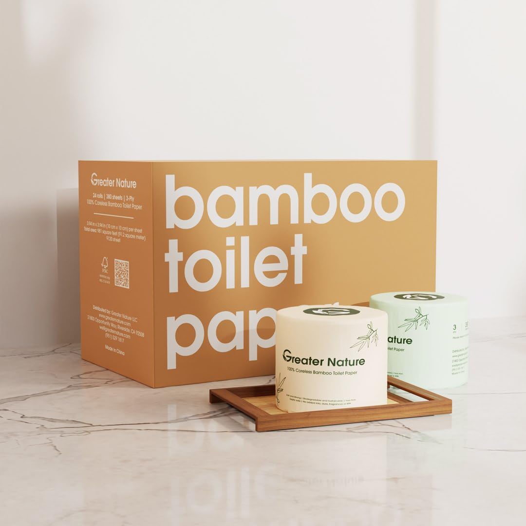 100% Tree-free Bamboo Toilet Paper, 3-Ply, 24 Rolls, Coreless, Plastic-Free Packaging