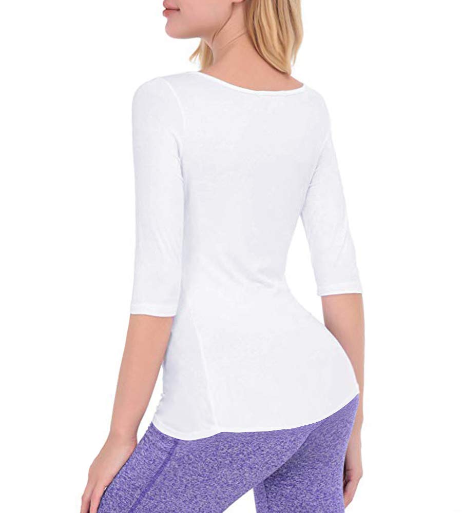 Gemolly Women's 3/4 Sleeve Cotton Tops Square Neck Soft Stretch Slim Fit Tee Shirts White M