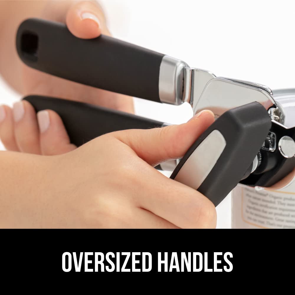 GORILLA GRIP Heavy Duty Stainless Steel Smooth Edge Manual Can Opener and Bottle Openers, Soft Comfortable Handle, Oversized Handheld Turn Knob, US Designed Multifunctional Kitchen Tool, Black