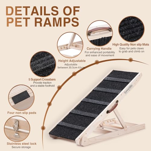 Dog Ramp for Bed - Foldable Small to Large Dog Ramp for Couch - 6 Adjustable Height from 30.5 to 61cm - Stairs with High Traction Mat - Wooden Portable Ramp for Dogs to Get on Bed Couch Car Up to 90kg