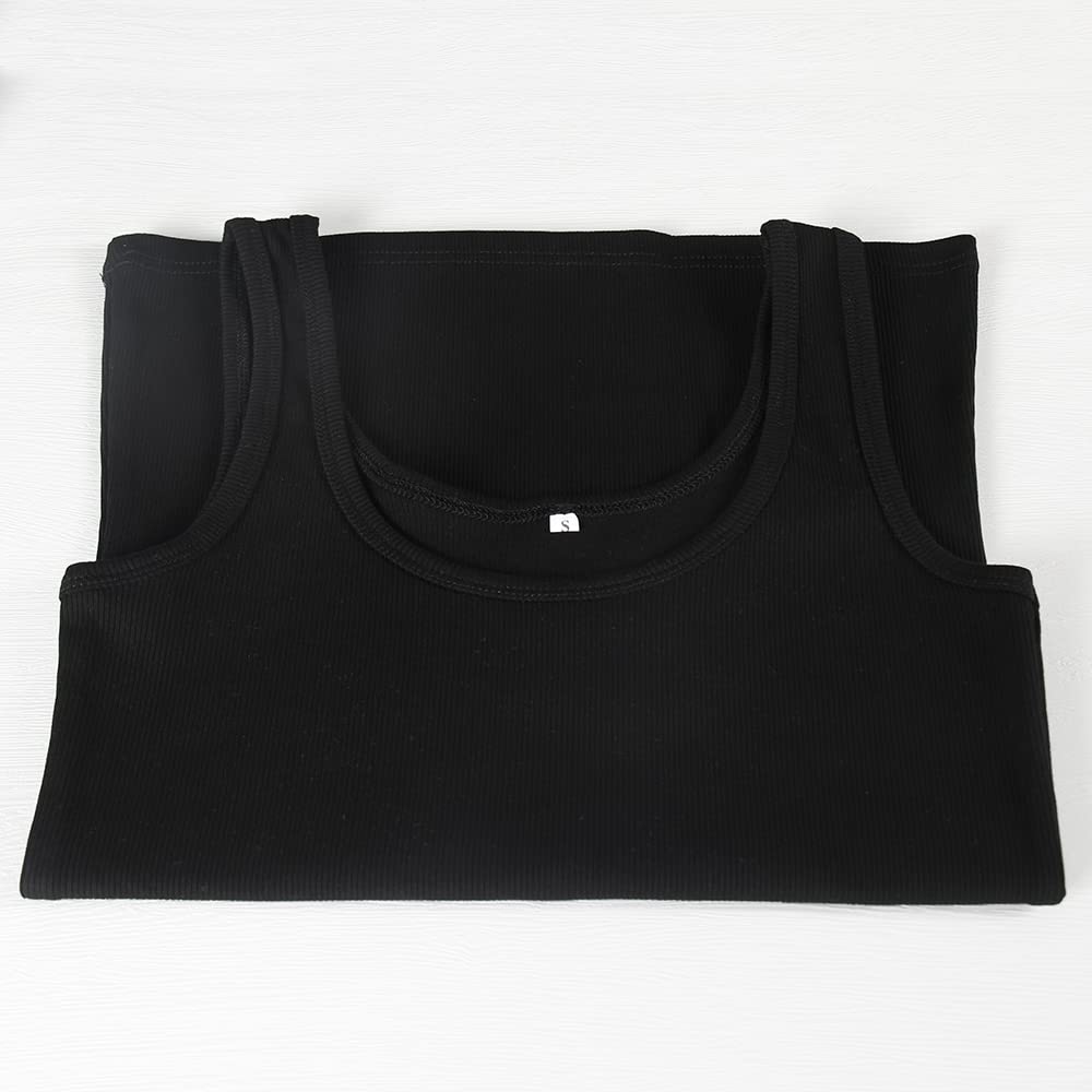 GEMBERA Women's Sleeveless Scoop Neck Ribbed Tank Tops Fitted Basic Cami Tee Shirts(Black,L)