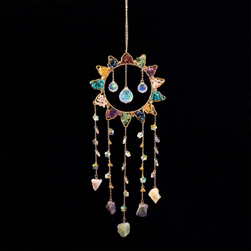 7 Chakra Crystal Sun Catcher Hanging Decor, Rainbow Maker with 3 K9 Crystal Prism Balls & Natural Crystal Stone, Wall and Window Decor Ornament for Home, Bedroom, Balcony, Handmade Gift.