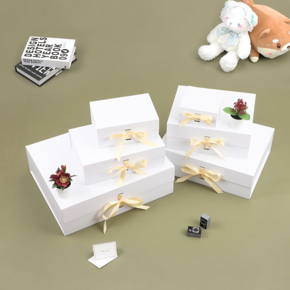 BoxSkivra White Large Gift Box with Ribbon 1 Pack 13X11X5.3 Inch Large Box with Lid Magnetic Closure Rectangle Collapsible Luxury Wrap Box for Weeding Gifts Crinkle Cut Paper Shred with Card