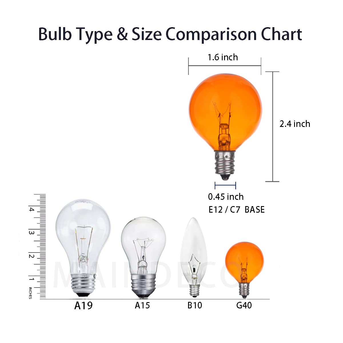 MAINDECO 25 Pack G40 Replacement Bulbs,120V 5W Incandescent,E12 Base,for Indoor Outdoor String Lights-Orange