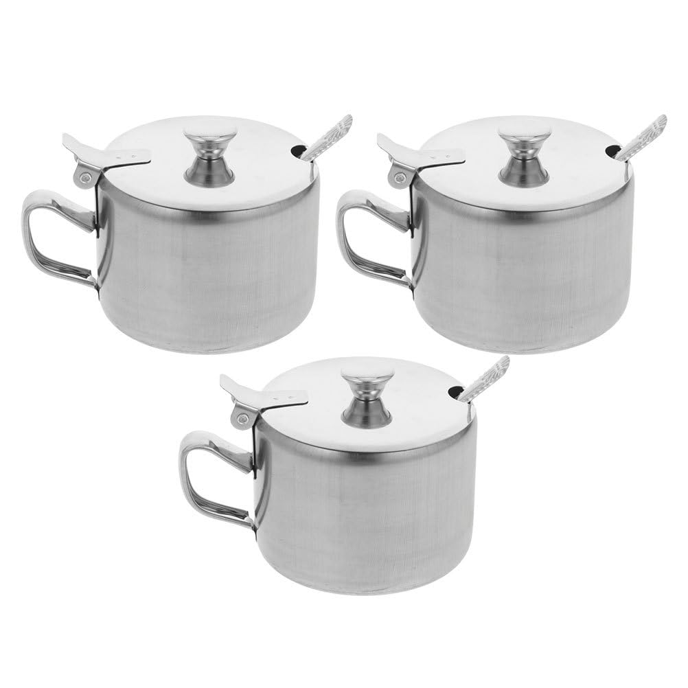 PRETYZOOM 3-Piece Stainless Steel Condiment Jars with Spoon & Handle – Airtight Sugar, Salt & Spice Containers for Kitchen Counter Organization, Coffee Bar & Pantry Storage