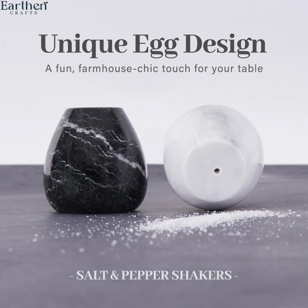 Earthen Crafts Marble Salt and Pepper Shakers Set of 2 Black & White 2.3" Inches Spice Containers, Cute Seasoning Shaker Jars for Dining Table, Kitchen Counter Shakers for Home, Restaurant