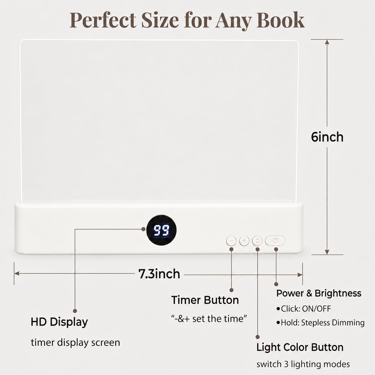 Faluricent Book Light for Reading in Bed at Night, Rechargeable Flat Book Light with 3 Color Modes & Timer, Dimmable Full Page Light, Clear LED Page Reading Light for Travel (White)