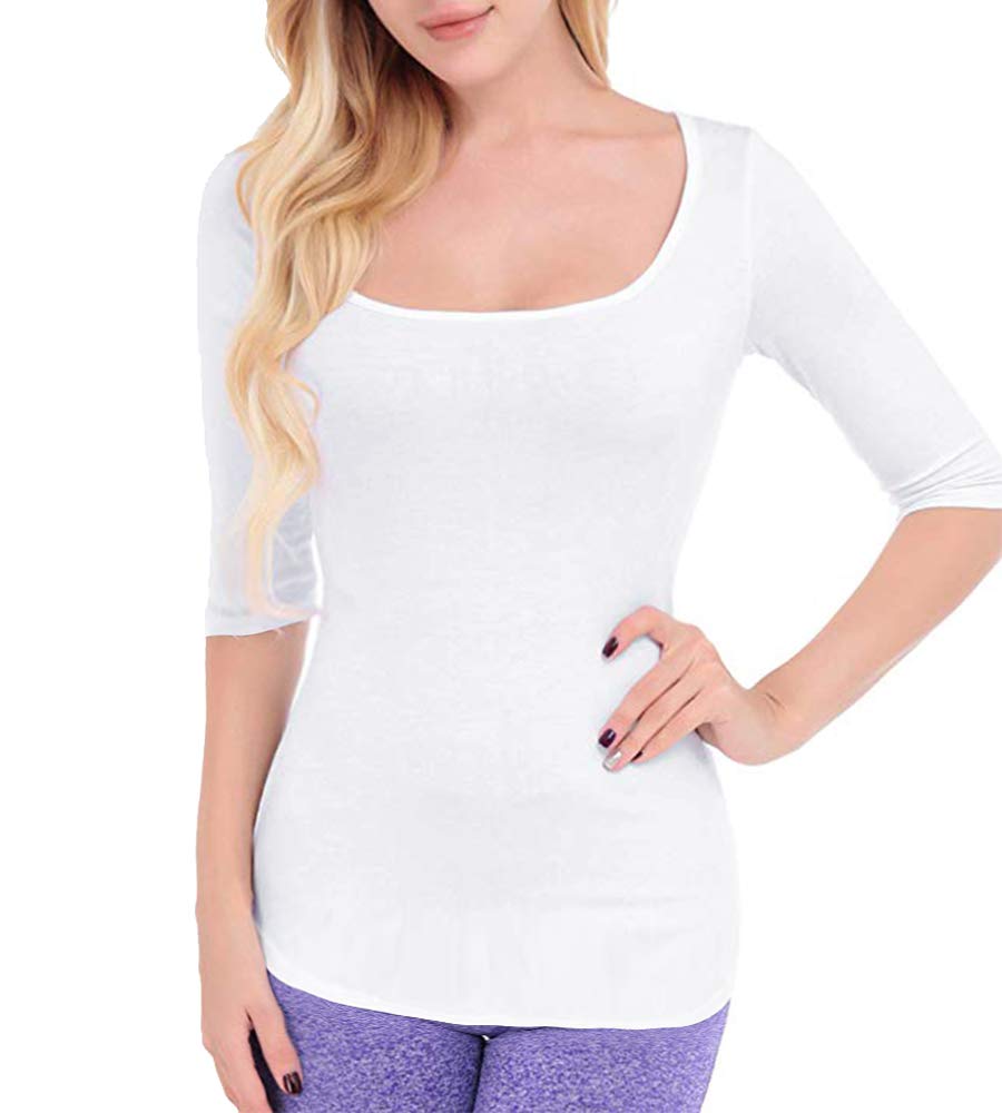 Gemolly Women's 3/4 Sleeve Cotton Tops Square Neck Soft Stretch Slim Fit Tee Shirts White M