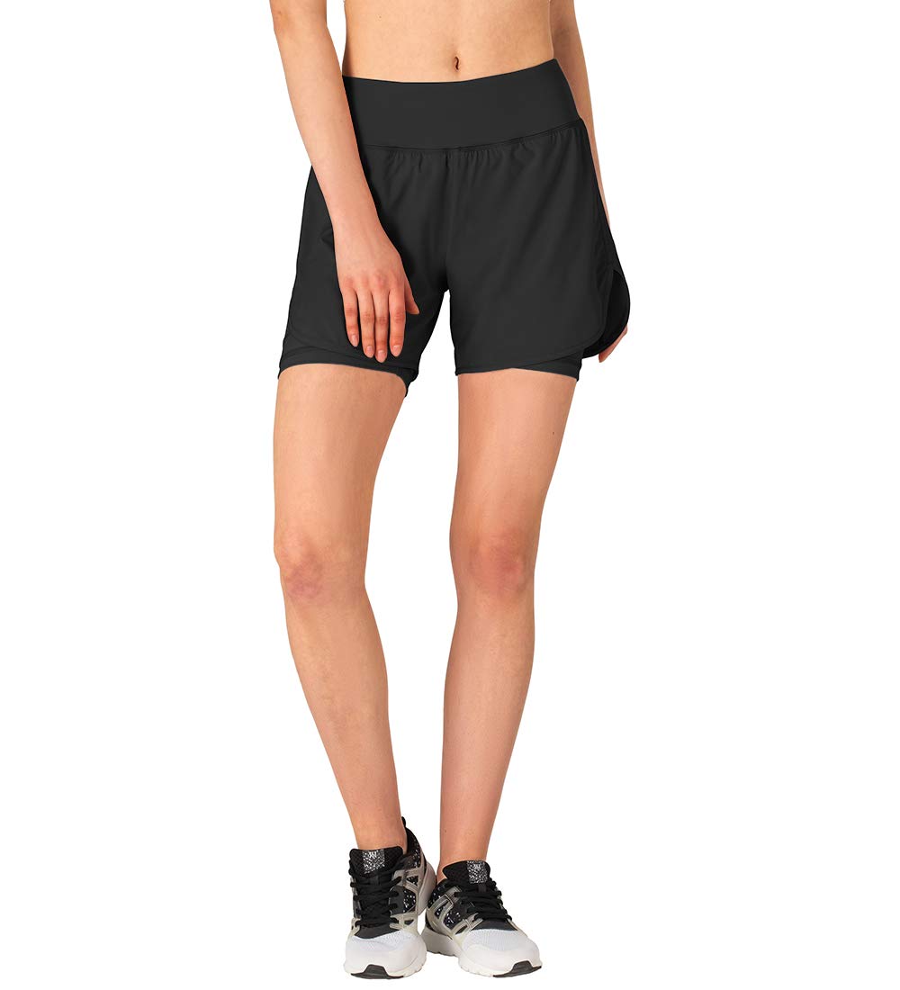 Gopune Women's 2 in 1 Running Shorts Workout Athletic Gym Yoga Shorts with Phone Pockets Black,XL