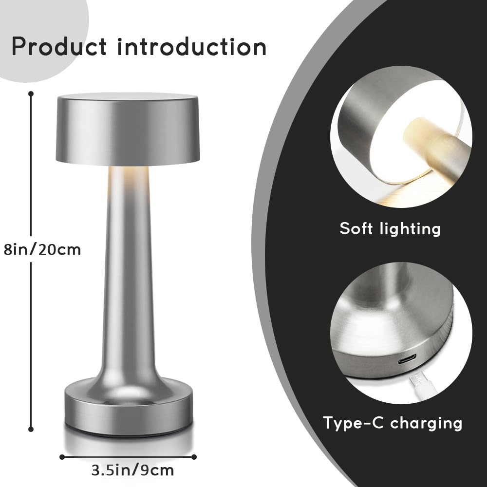 HPUFKOT Portable LED Table Lamp, 3-Levels Brightness Metal Desk Lamp,3 Color Touch Control Rechargeable lamp, Ideal Bedside Lamp for Nightstand,Bedroom, Living Room (Silver)