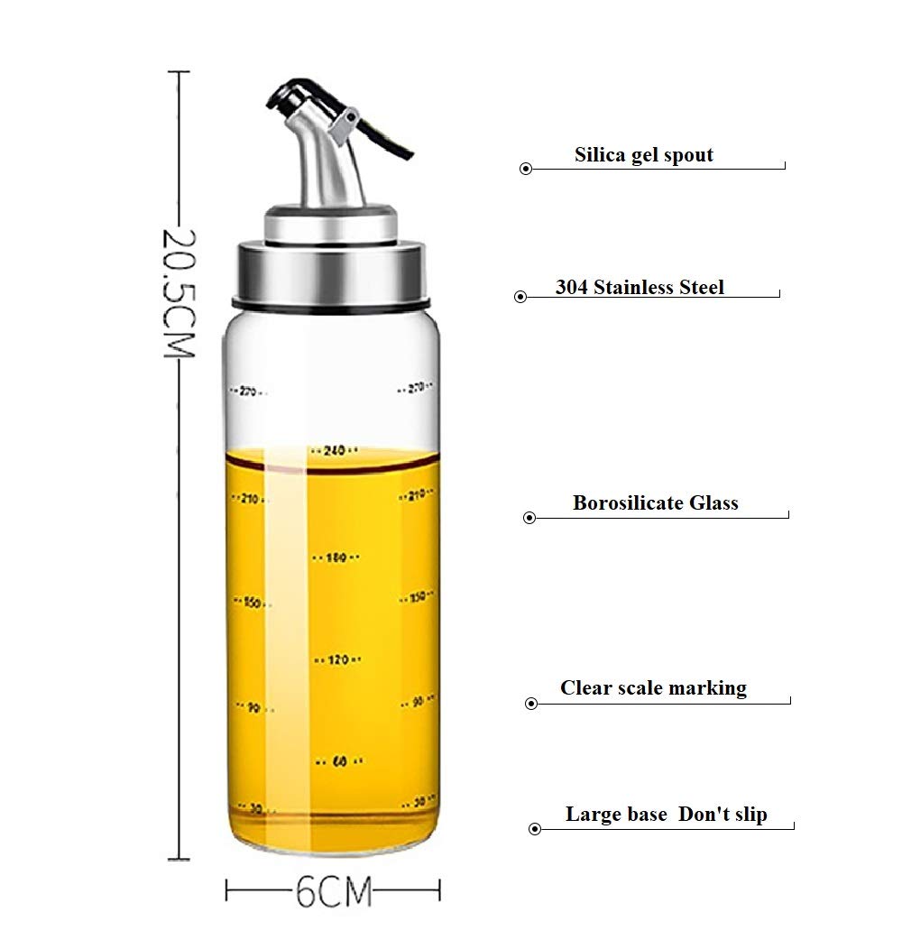 Olive Oil Dispenser Bottle, Liquid Condiment Container, 10 Oz Vinegar Dispensing Cruets With Dripless Capped Spout, Glass Decanter for Kitchen with Degree Scale