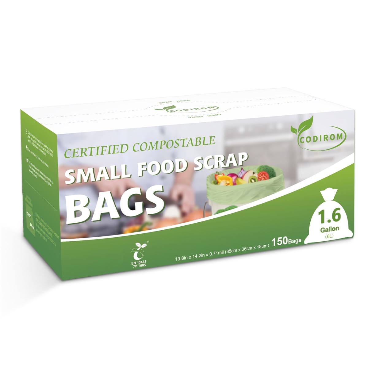 100% Compostable 1.6 Gallon Trash Bags, 6 Liter, 150 Count Kitchen Food Scrap Small Compost Bags for Countertop Bin with Europe EN13432 Certified
