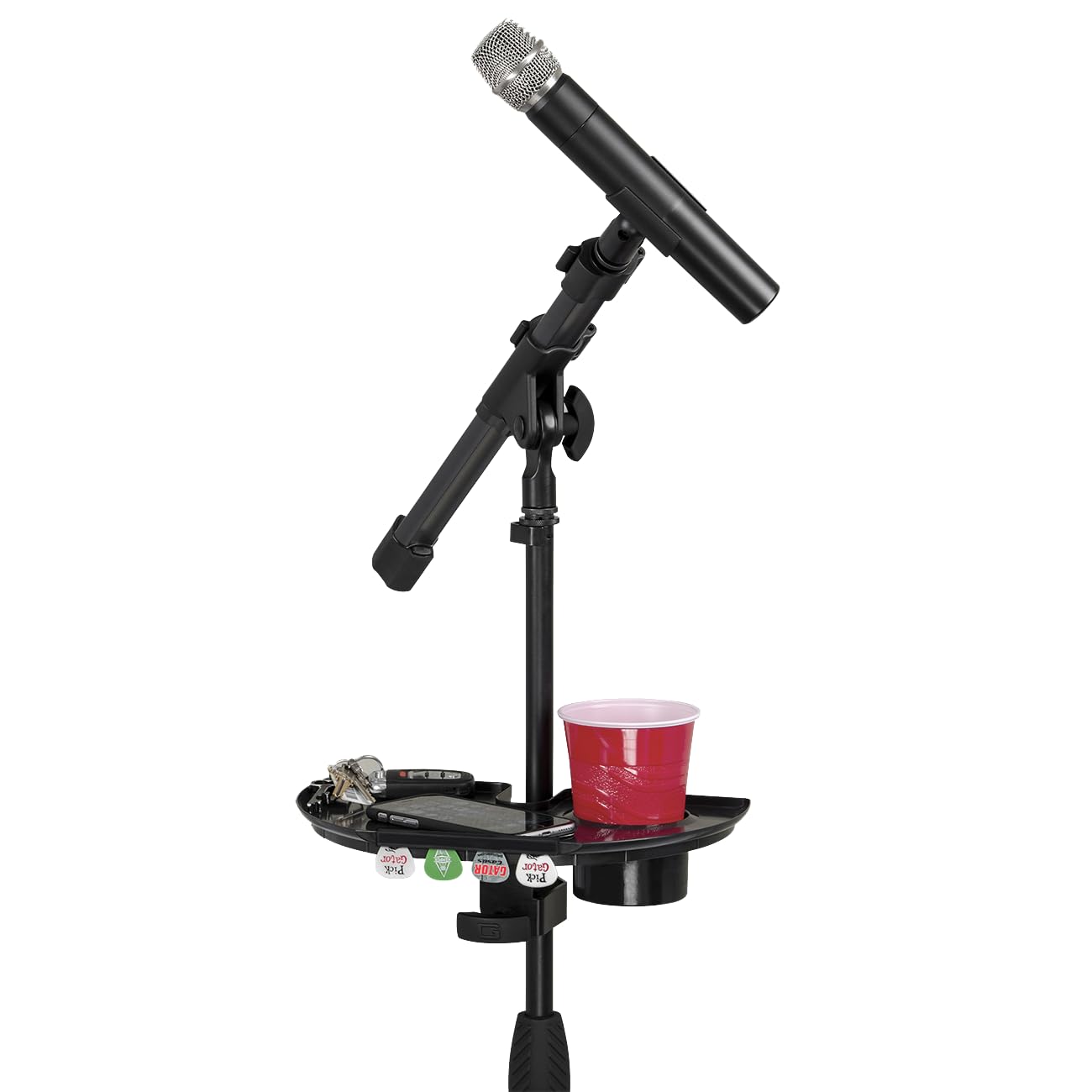Gator Frameworks Microphone Stand Accessory Tray with Drink Holder and Guitar Pick Tab, 12" x 7" (GFW-MIC-ACCTRAY)
