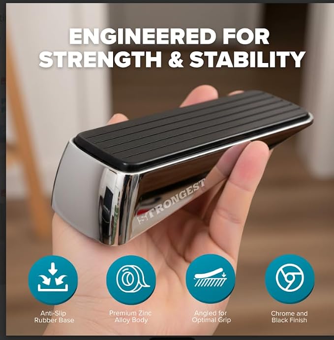 Strongest Home Heavy Duty Door Stopper Wedge (10 Chrome PCs) | Non-Slip Rubber and Metal Door Stop for Heavy Doors| Work on Wood, Tile, Carpet + 10 White Wall Protectors