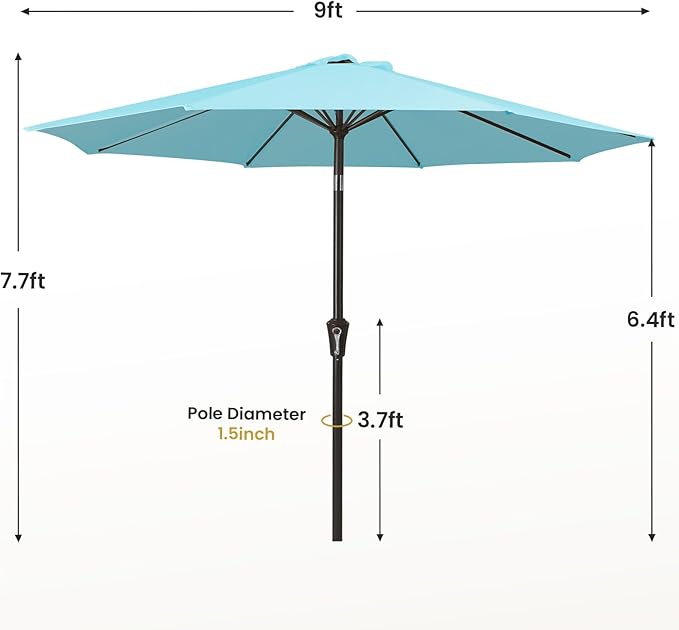 MEWAY 9ft Patio Umbrella Outdoor Table Umbrellas with Push Button Tilt and Crank, Market Umbrella 8 Sturdy Ribs for Deck, Garden, Pool and Backyard, Sky Blue