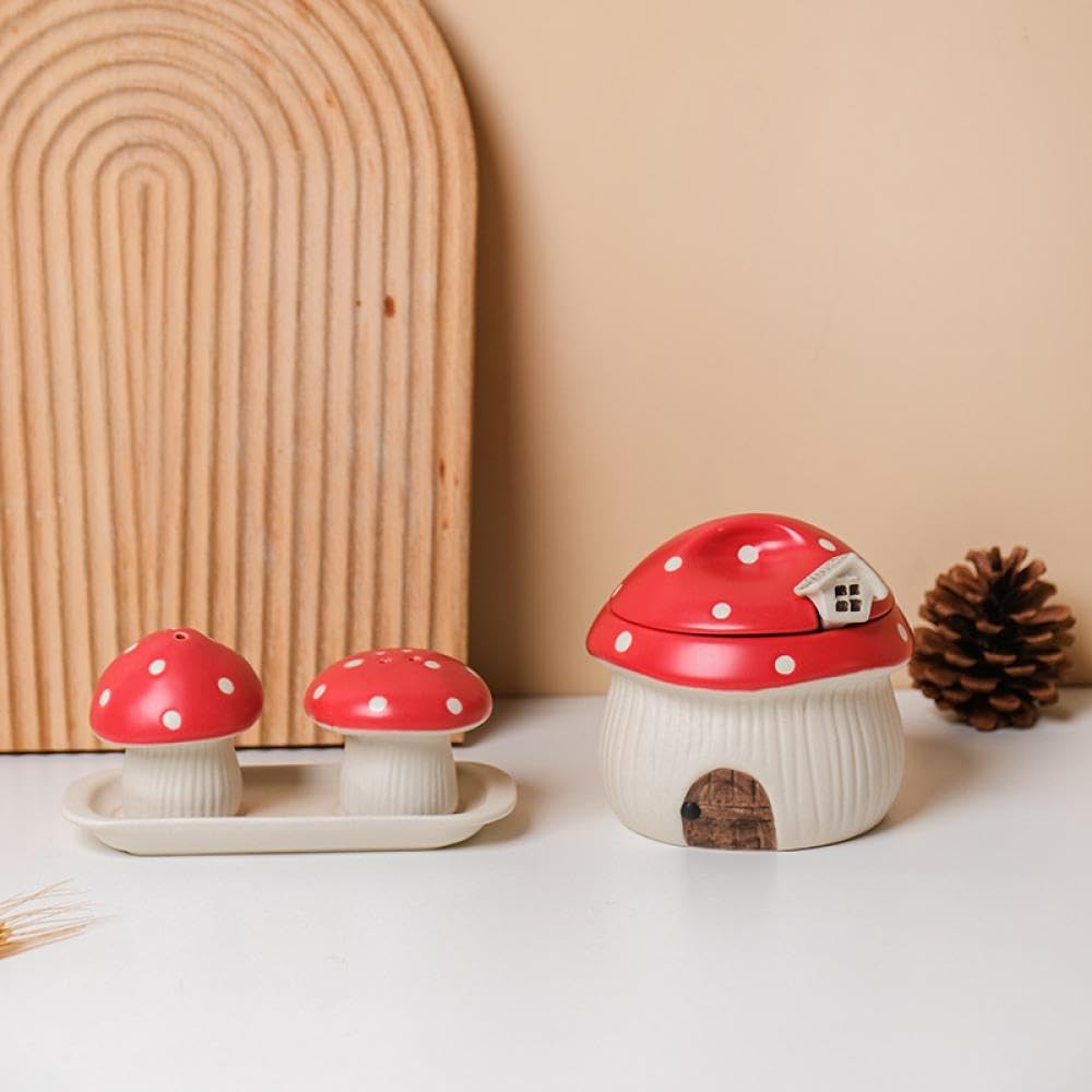 Sizikato 2pcs Porcelain Salt and Pepper Shakers with Tray, Mushroom Shape