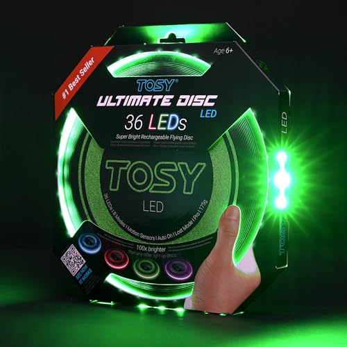 TOSY Flying Disc - 16 Million Color RGB or 36 or 360 LEDs, Extremely Bright, Smart Modes, Auto Light Up, Rechargeable, Cool Fun Christmas, Birthday & Camping Gift for Men/Boys/Teens/Kids, 175g frisbee
