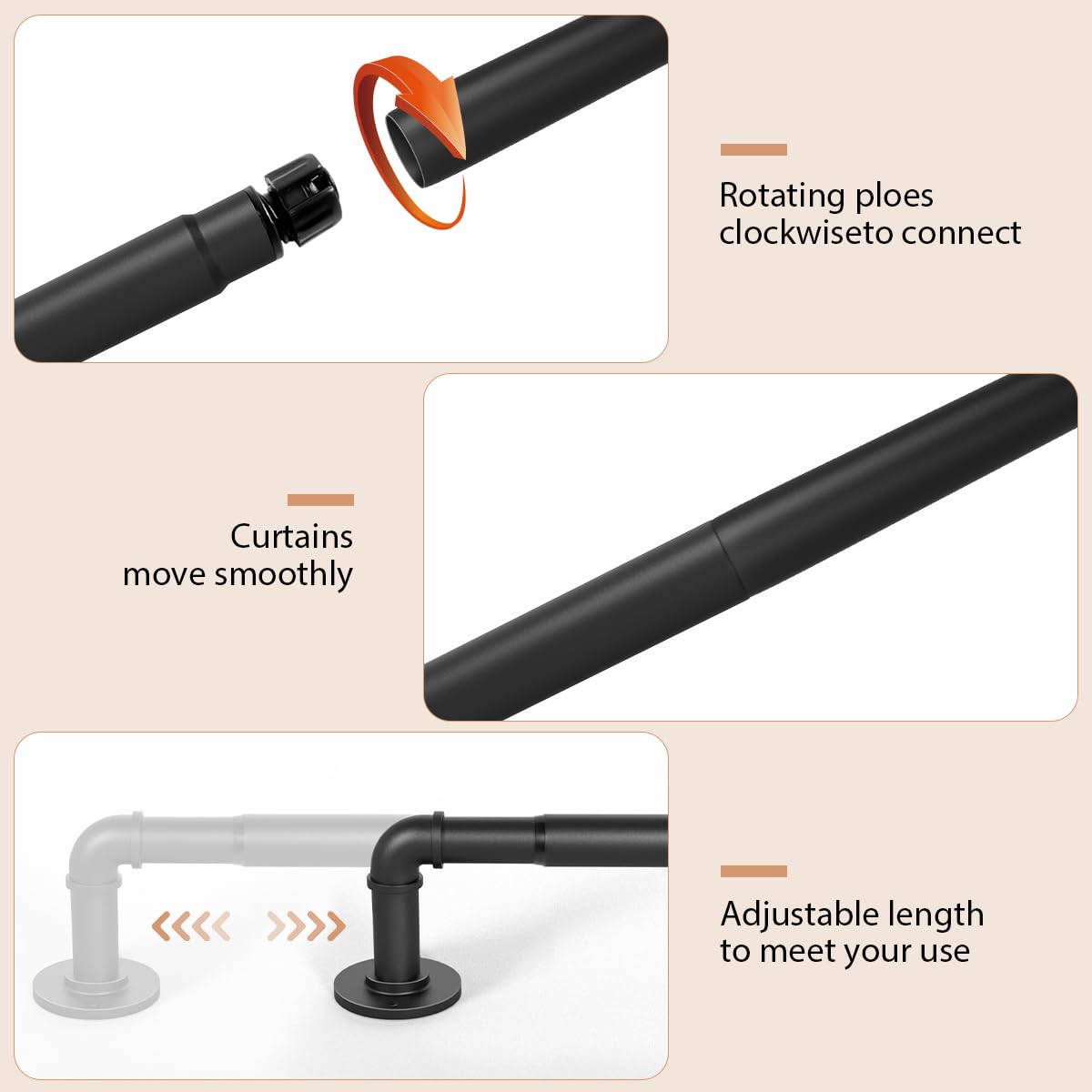 1 Inch Industrial Curtain Rods for Windows 28 to 48 Inches, Blackout Wrap Around Curtain Rod, for Indoor and Outdoor, Simple Design, 33 to 45 Inches, Black