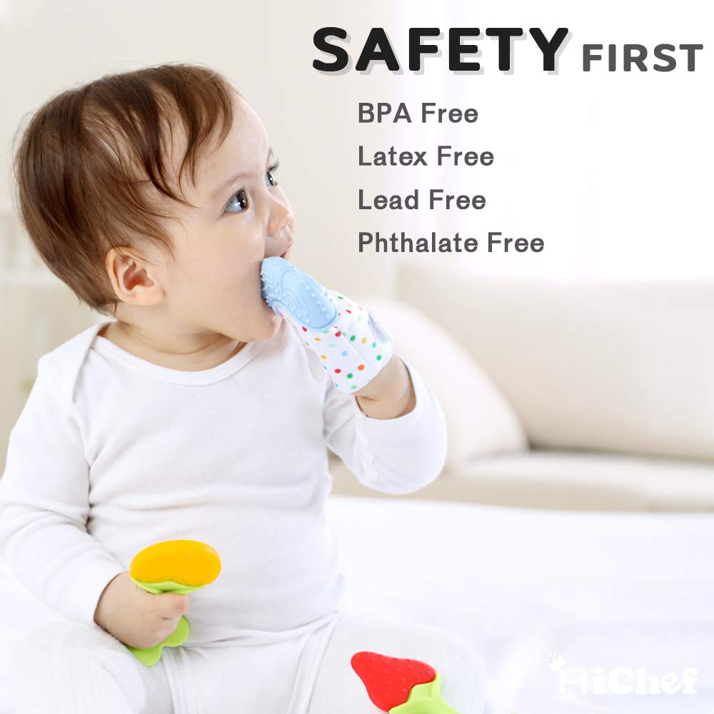 Teething Mittens for Baby (2 Pack) with Baby Teething Toys (3 Pack), Self Soothing Pain Relief Mitt, Silicone Teethers, BPA-Free, Natural Organic Freezer Safe for Infants and Toddlers