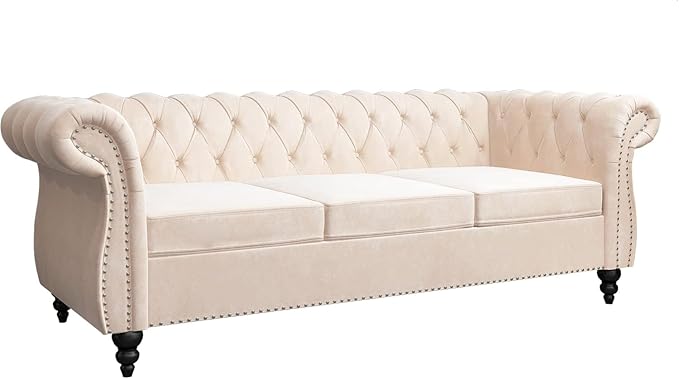 Mid-Century 3 Seater Sofa, Velvet Couch