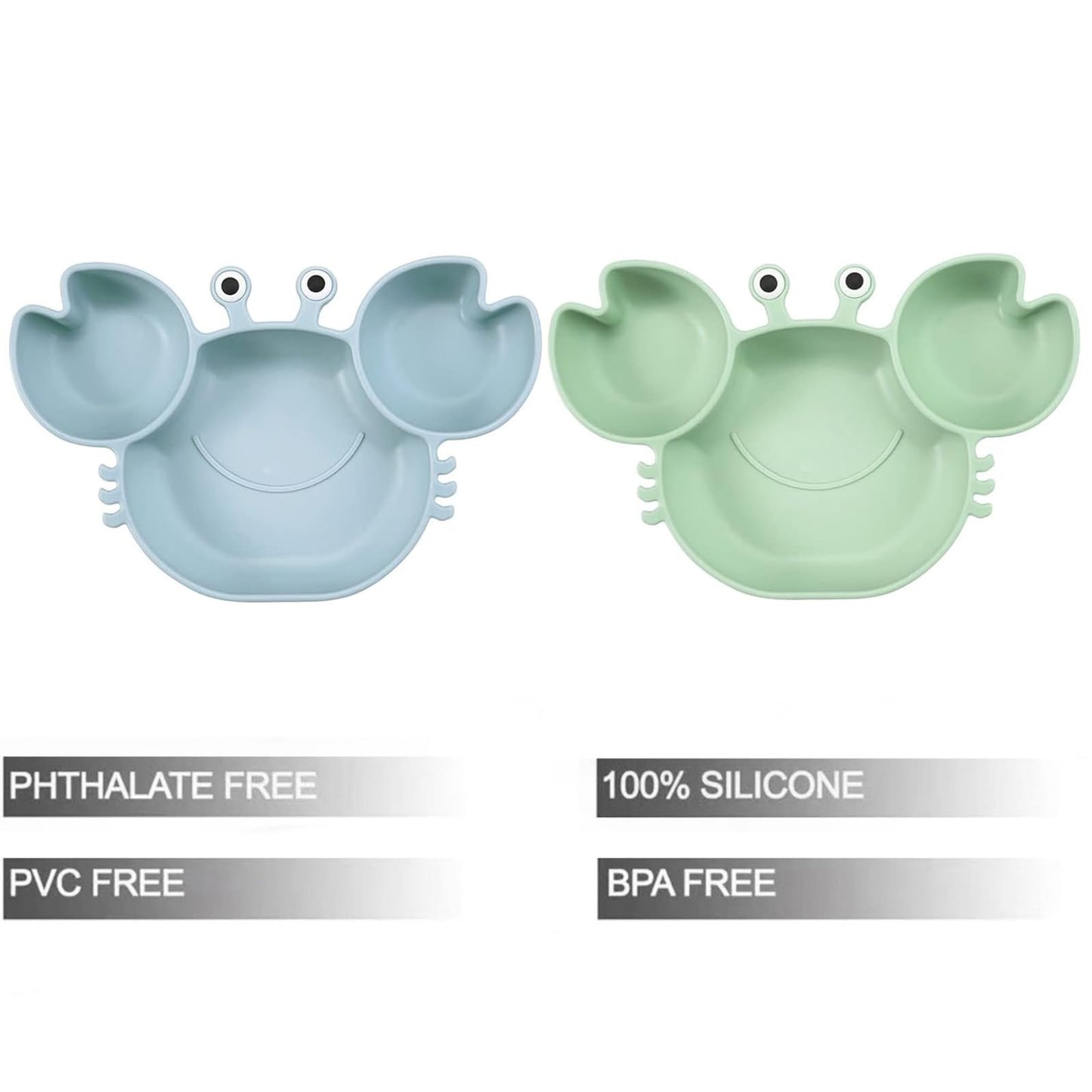 PandaEar 2 Pack Silicone Suction Plate for Baby, Divided Unbreakable Toddler Food Plate with 2 Pack Spoons for Self Feeding, Toddler Utensils Feeding Set Baby Eating Supplies, Crab Shape -Blue&Green