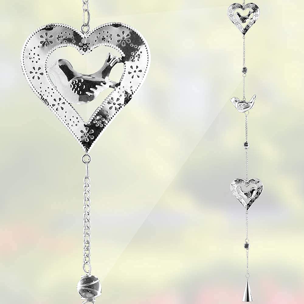 Hanging Garden Decor Hearts and Birds Mobile, Silver Filigree Outdoor Decoration with Glass Marbles and Bell Chime, 38 Inch Metal Wind Chime Mobile for Patio, Porch, Yard, Balcony, Garden Gift