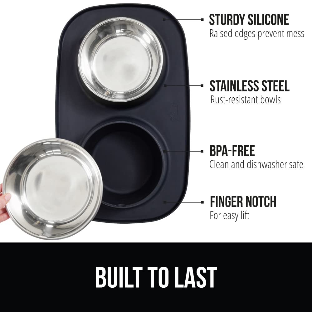GORILLA GRIP Feeding Mat Set, 4 Cup, Patent Pending 100% Waterproof BPA Free Silicone, Stainless Steel Cat and Dog Bowls, Slip Resistant, High Edges Catch Water Food, US Designed Pet Accessories Black