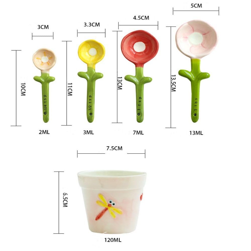 hobbyme Sunflowers Measuring Spoons and Cups Set, Cute Ceramic Measuring Spoons, Baking Sunflowers Measuring Spoon with Holder for Milk Powder Sugar Salt Wet Dry Ingredients