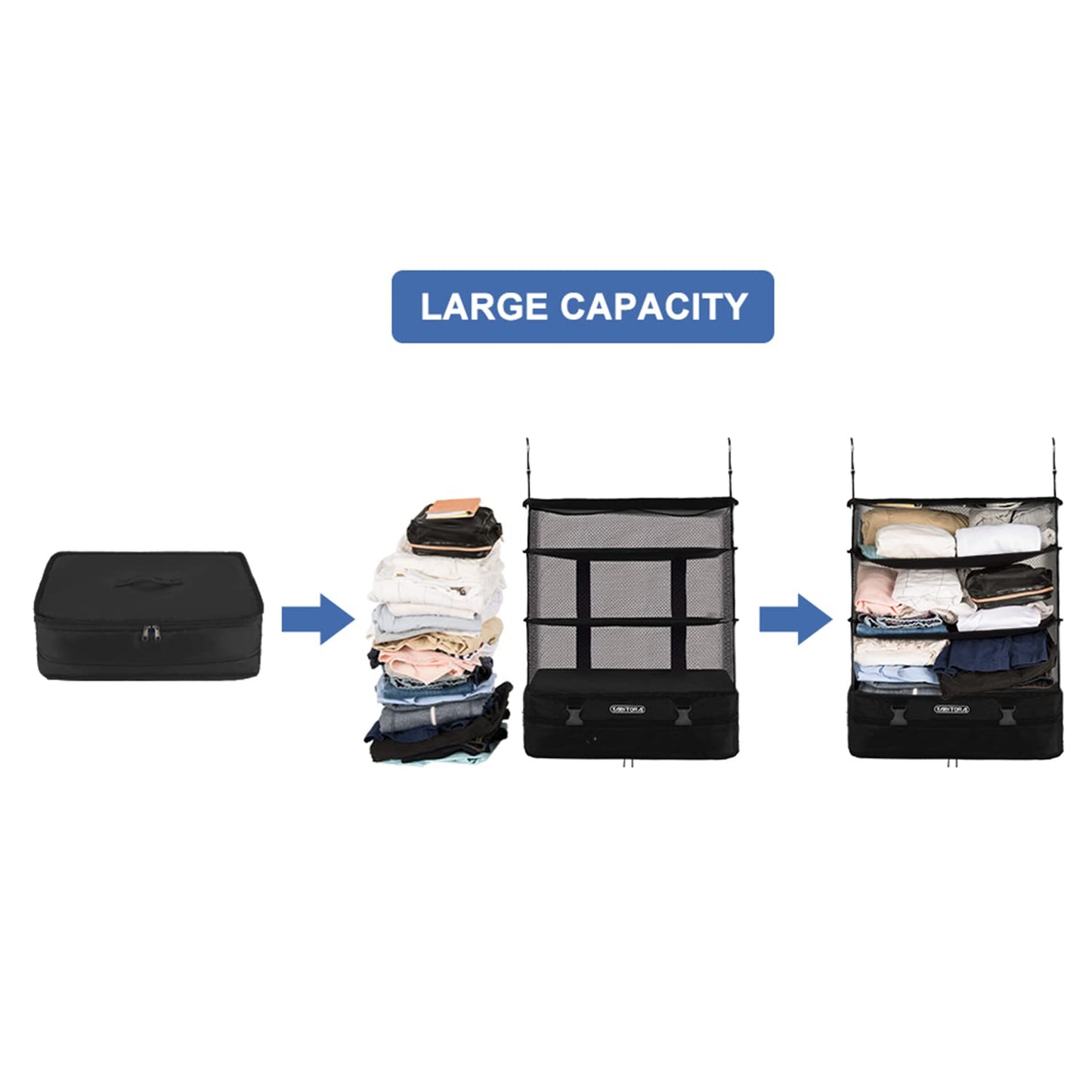 TABITORA Portable Hanging Travel Shelves Bag Packing Cube Organizer Suitcase Storage Large Capacity (Black XL)