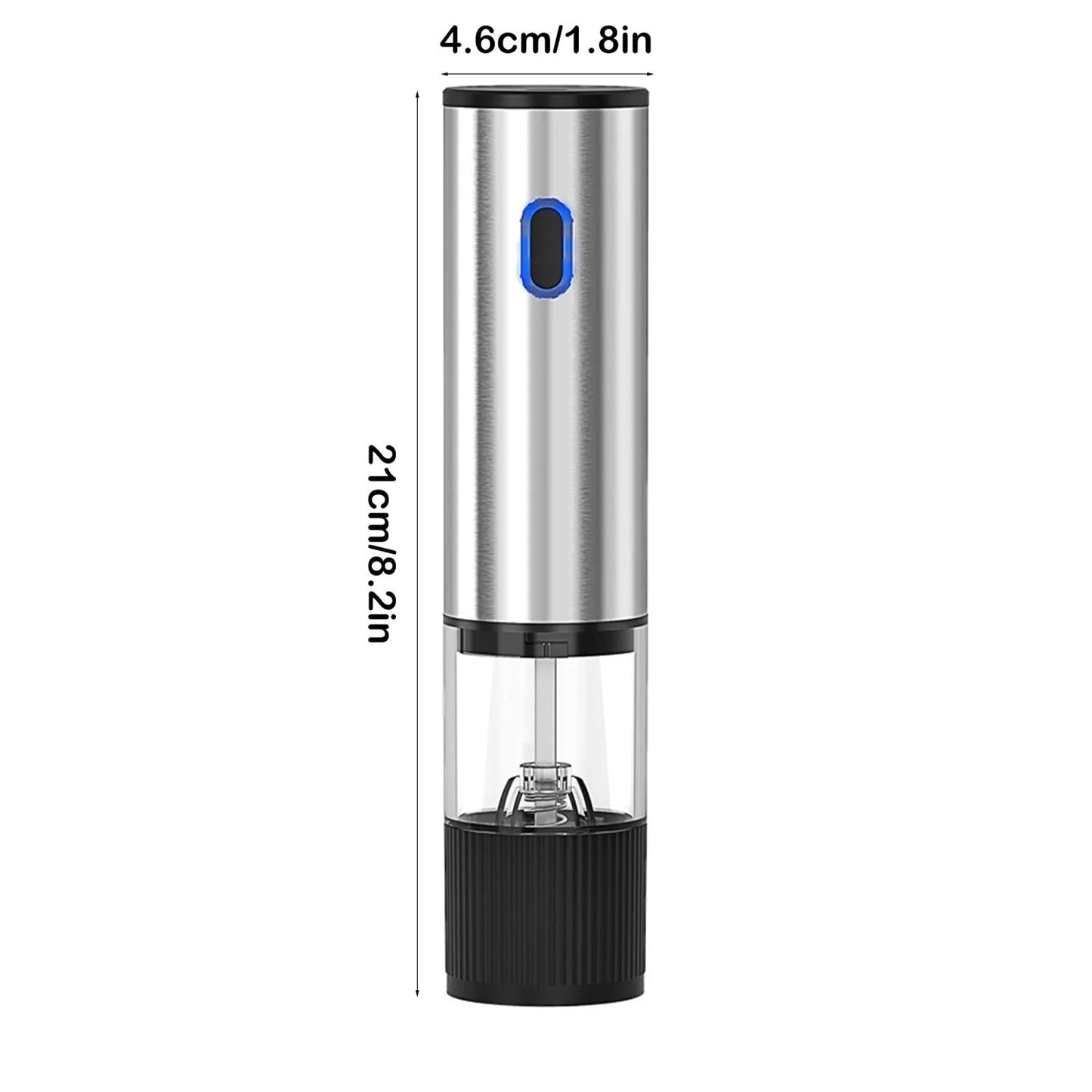 Electric Salt and Pepper Grinder, USB Rechargeable with Ceramic Grinding Mechanism, Adjustable Coarseness, One-Touch Operation, Stainless Steel and Black