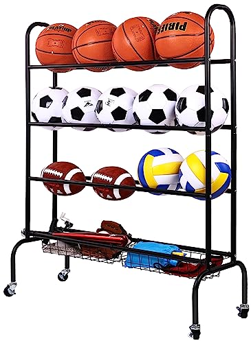 Signature Fitness Garage Sports Equipment Organizer, Garage Ball Storage, Sports Gear Storage, Garage Organizer with Baskets and Hooks, Rolling Sports Ball Storage Cart, Black, Steel