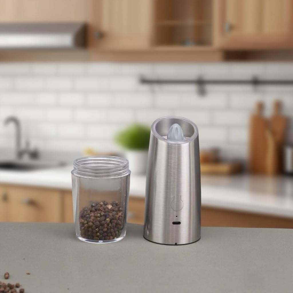 Electric Gravity Activated Salt and Pepper Grinder, Stainless Steel, Automatic Battery Operated; USB Rechargable, Adjustable Coarseness, One-Handed Operation with LED Light