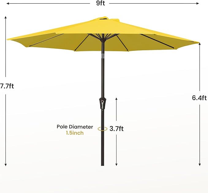 MEWAY 9ft Patio Umbrella Outdoor Table Umbrellas with Push Button Tilt and Crank, Market Umbrella 8 Sturdy Ribs for Deck, Garden, Pool and Backyard, Yellow