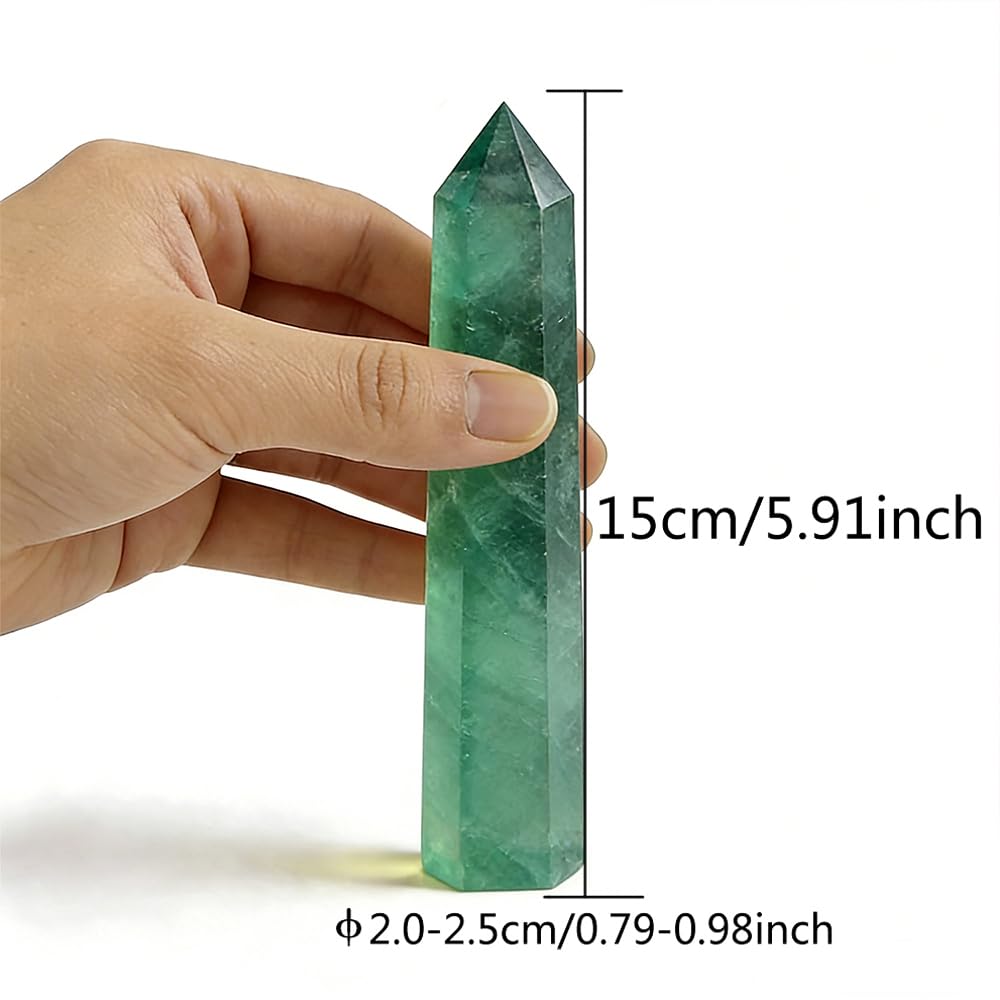 5.9 Inch Green Fluorite Point Wand, Natural Hexagonal Prism Crystal Pillar, Single Point Fluorite Crystal Stick, Reiki Healing Energy Stone, Craft Ornament for Meditation Home Decor Spiritual Gift