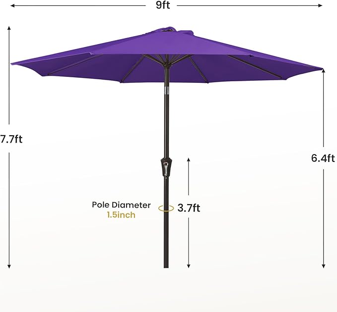 MEWAY 9ft Patio Umbrella Outdoor Table Umbrellas with Push Button Tilt and Crank, Market Umbrella 8 Sturdy Ribs for Deck, Garden, Pool and Backyard, Dark Purple