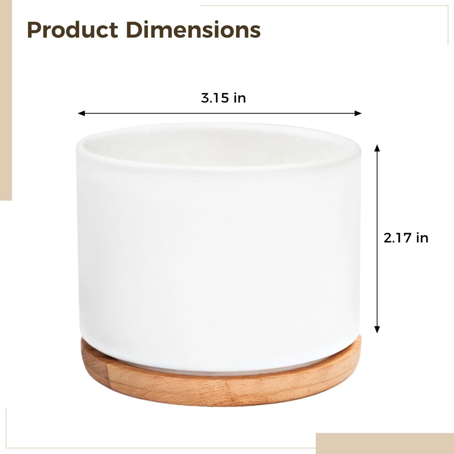 Set of 3 White Ceramic Pots for Succulents with Bamboo Trays for Home Decoration