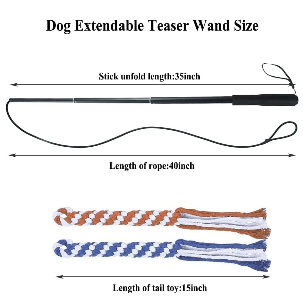 ASOCEA Flirt Pole for Dogs,Extendable Teaser Wand Pet Flirt Stick Outdoor Interactive Toy with 2 Chasing Tail Chewing Cotton Rope for Small Medium Large Dogs Training Pulling