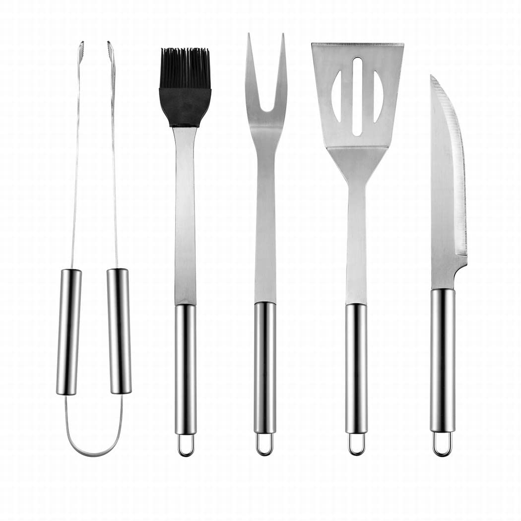 QMQ Utensil BBQ Barbecue Tool Set 5 Pieces Stainless Steel Grill Accessories with Carry Case – Complete Tool Kit with Tongs Spatula Meat Fork and Basting Brush