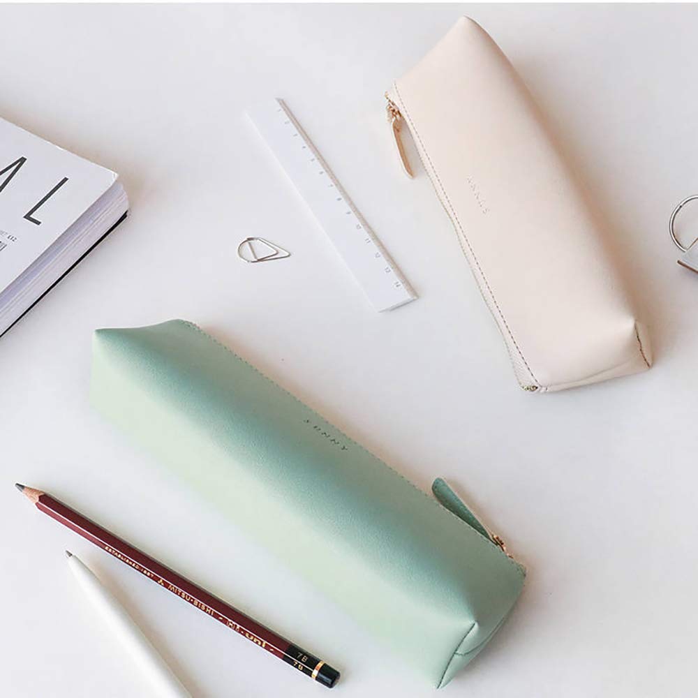 Doraking Cosmetic Makeup Bag Pen Stationery Case PU Leather Small Pencil Pouch for Students Zipper Bag for Pens, Pencils, Markers (Apricot)
