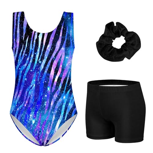 TUONROAD 3 Piece Galaxy Leotards for Girls Gymnastics with Shorts Tie Dye Sparkly Ballet Dance Sets Kids Girl's Activewear with Black Matching Hair Gym Outfits, 4-5 Year Old