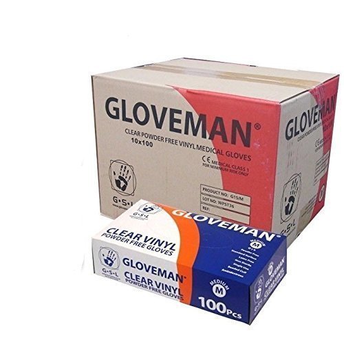 VINYL GLOVES - POWDER FREE, NON LATEX AND CLEAR, 1 Case (10 boxes of 100 gloves, 1,000 gloves total), SIZE MEDIUM - NEW- CASE DEAL