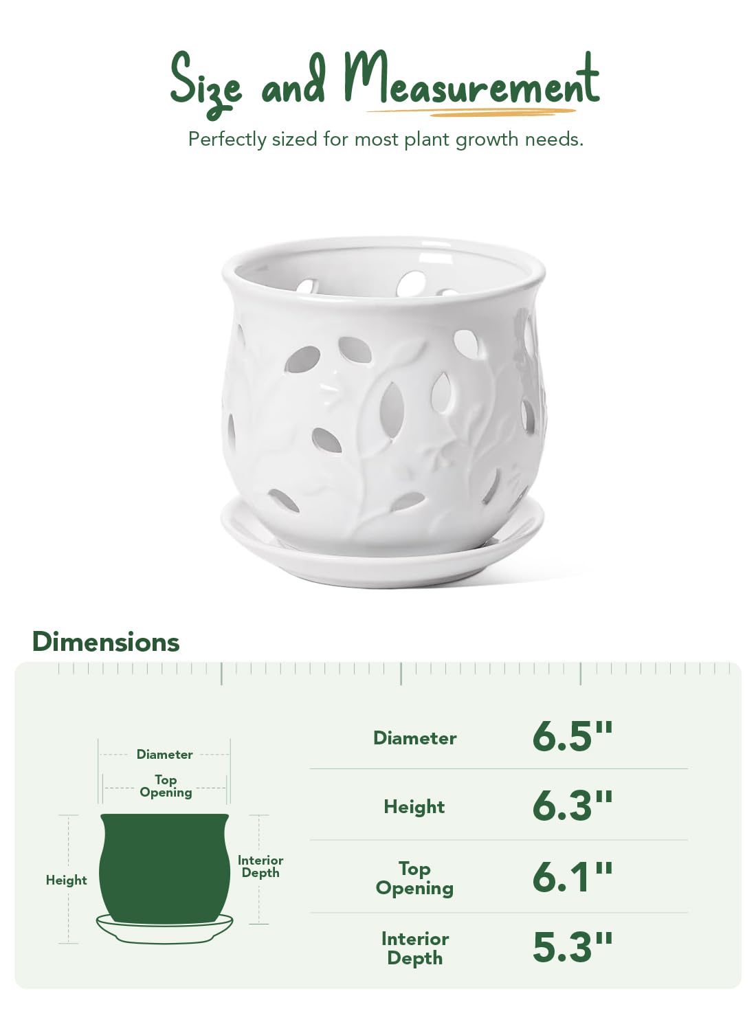 LE TAUCI Ceramic Orchid Pot, 6.5 Inch Orchid Pots with Holes, Orchid Planter for Repotting, Indoor Flower Plant Pot with Drainage and Saucer, White