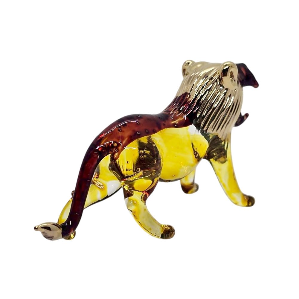 Mr_air_thai_Glass_Blown Tiny 2¾" Yellow Brown Gold Roar Lion - Miniature Hand Blown Glass Tigers Lions Panthera Wild Cats Crystal Wildlife Animal Decorative Figures Collectible Figurines Décor Gifts
