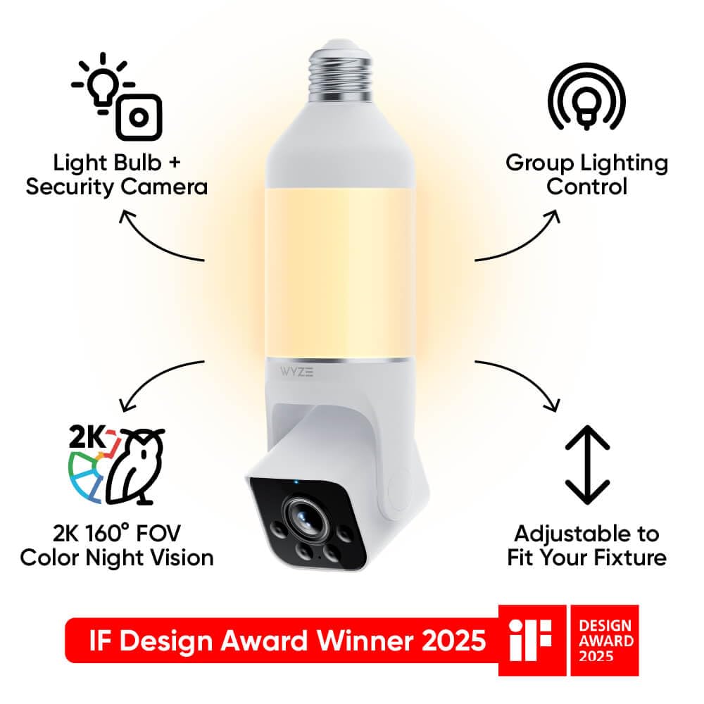 WYZE Bulb Cam Security Camera, 2K HD Outdoor Light Bulb Camera, Color Night Vision, Dimmable LED Bulb, Motion Detection, Siren Alarm, Works w/Alexa/Google Assistant. Free Expert Support