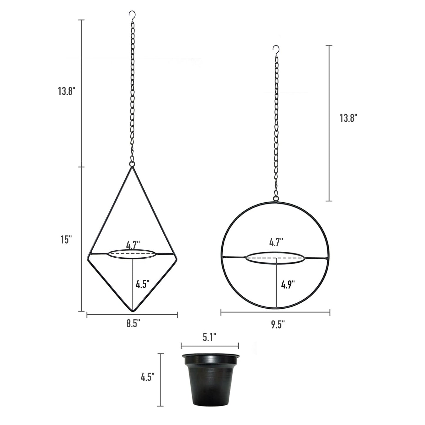 Metal Hanging Planters, Modern Plant Hanger with 5 inch Pot, Set of 4 Black Plant Holder, Small Wall and Ceiling Planter for Indoor Plants, Home Décor