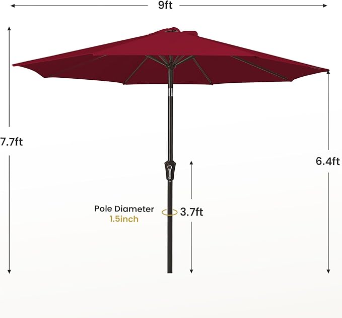 MEWAY 9ft Patio Umbrella Outdoor Table Umbrellas with Push Tilt and Crank, Market Umbrella 8 Sturdy Ribs for Deck, Garden, Pool and Backyard, Cherry Red