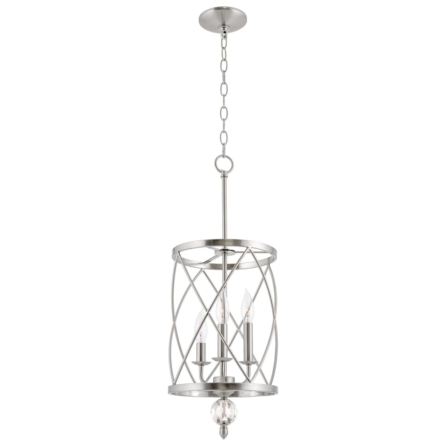 Kira Home Eleanor 27" Modern 3-Light Geometric Lantern Chandelier, Cylinder Trellis Cage Pendant Light with Crystal Finial, Brushed Nickel Finish