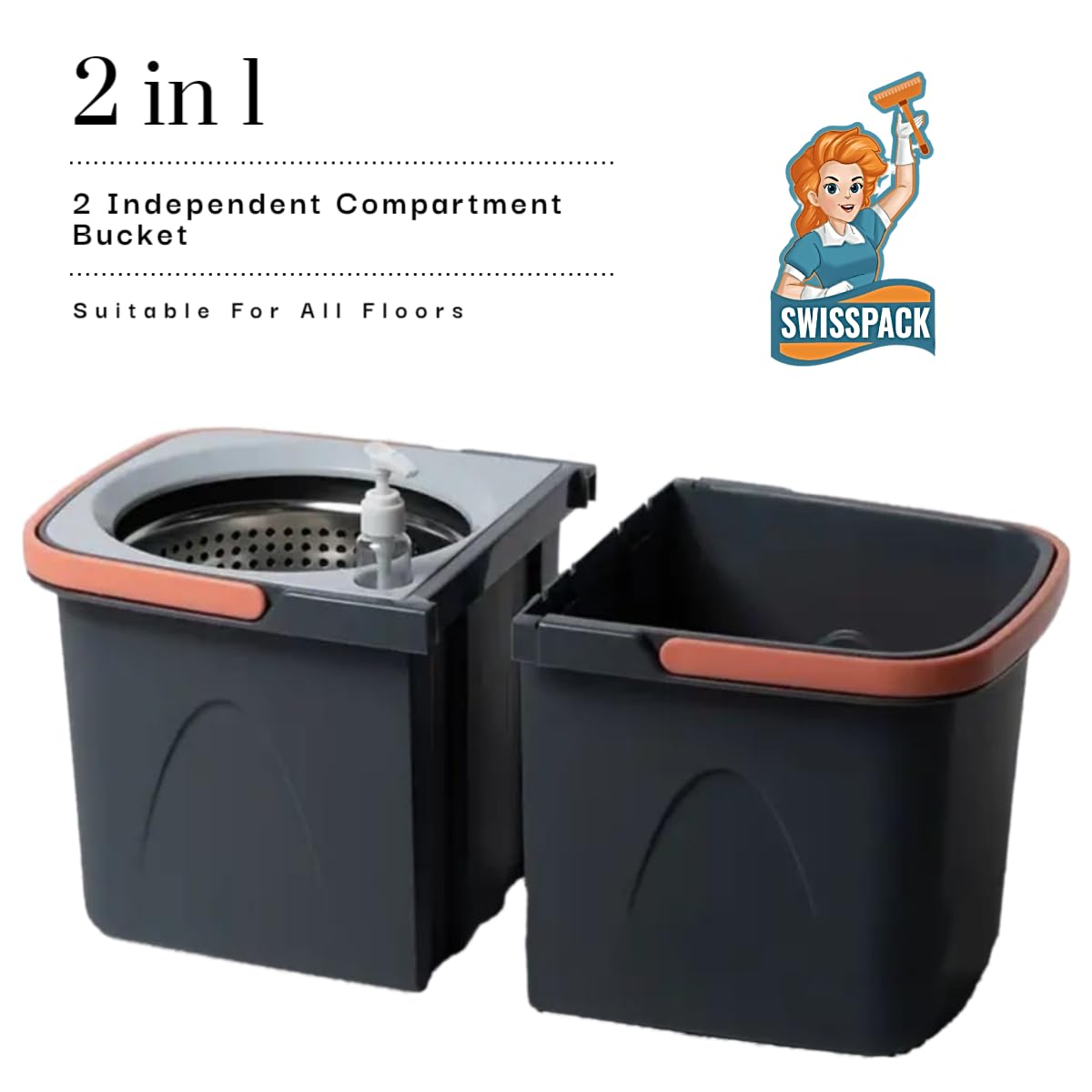 *NEW* SWISSPACK Revolving Spin Mop and Bucket With .5. Extra Pads Perfect For Easy Cleaning. Clean and Dirty Water Separtered For Perfect Finish (ORANGE-GREY) (ORANGE-GREY 1)
