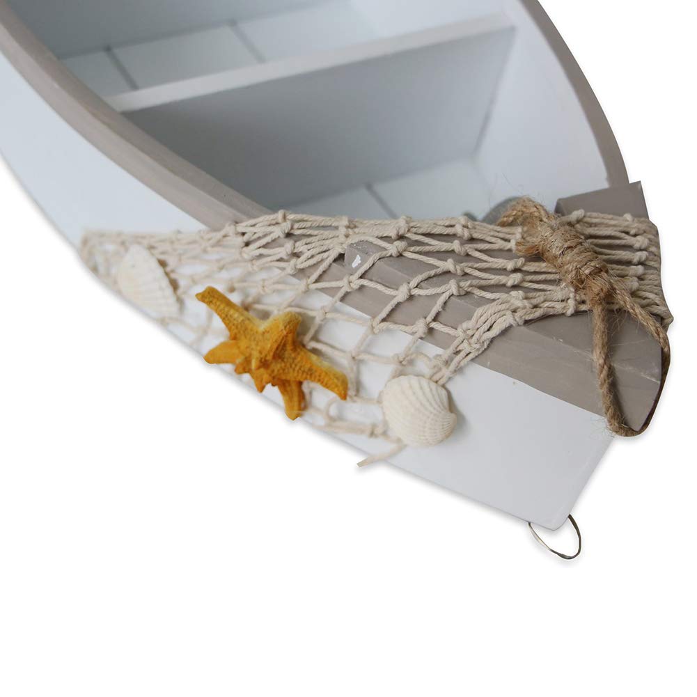 Attraction Design Wooden Boat Shelf, 16.5" H Standing Boat Display with Fish Net Starfish Seashell Accents White Beach Nautical Theme Decor H (Boat Shelf)