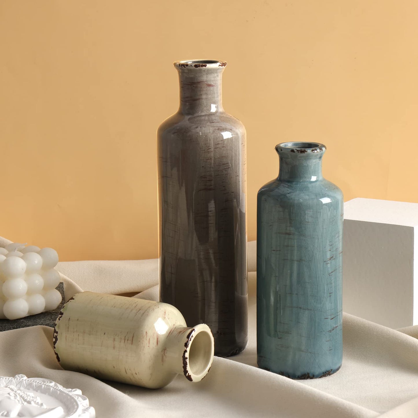 CUCUMI Ceramic Vases Set of 3, Rustic Coastal Vases Home Decor, Farmhouse Flower Vases Decor for Shelves, Ocean Beach Style, Mantle, Fireplace, Coffee Table, Shelf Decorations